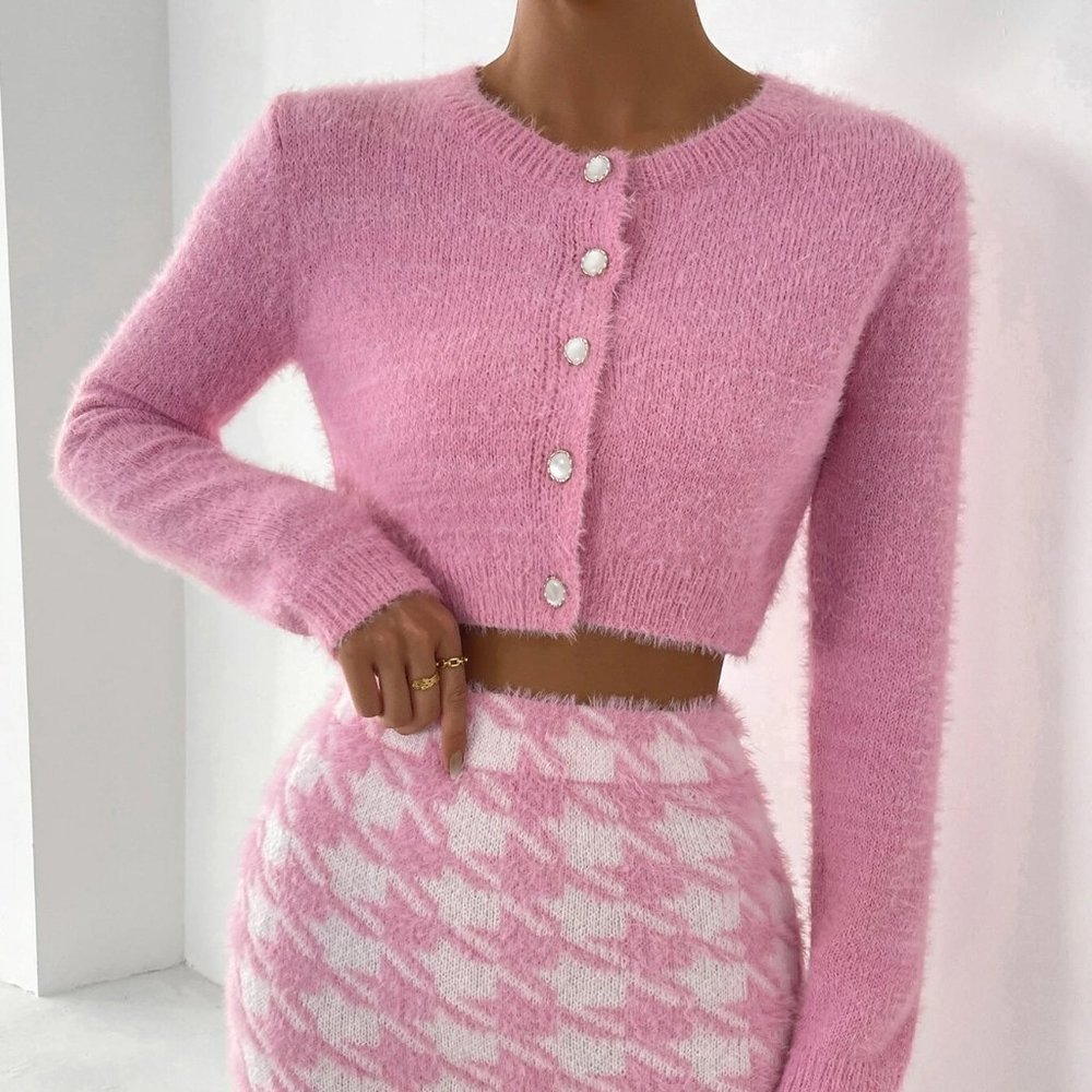 Pink Preppy Womens Houndstooth Tube Knit Top & Bodycon Knit Skirt & Cardigan - Picture 5 of 5